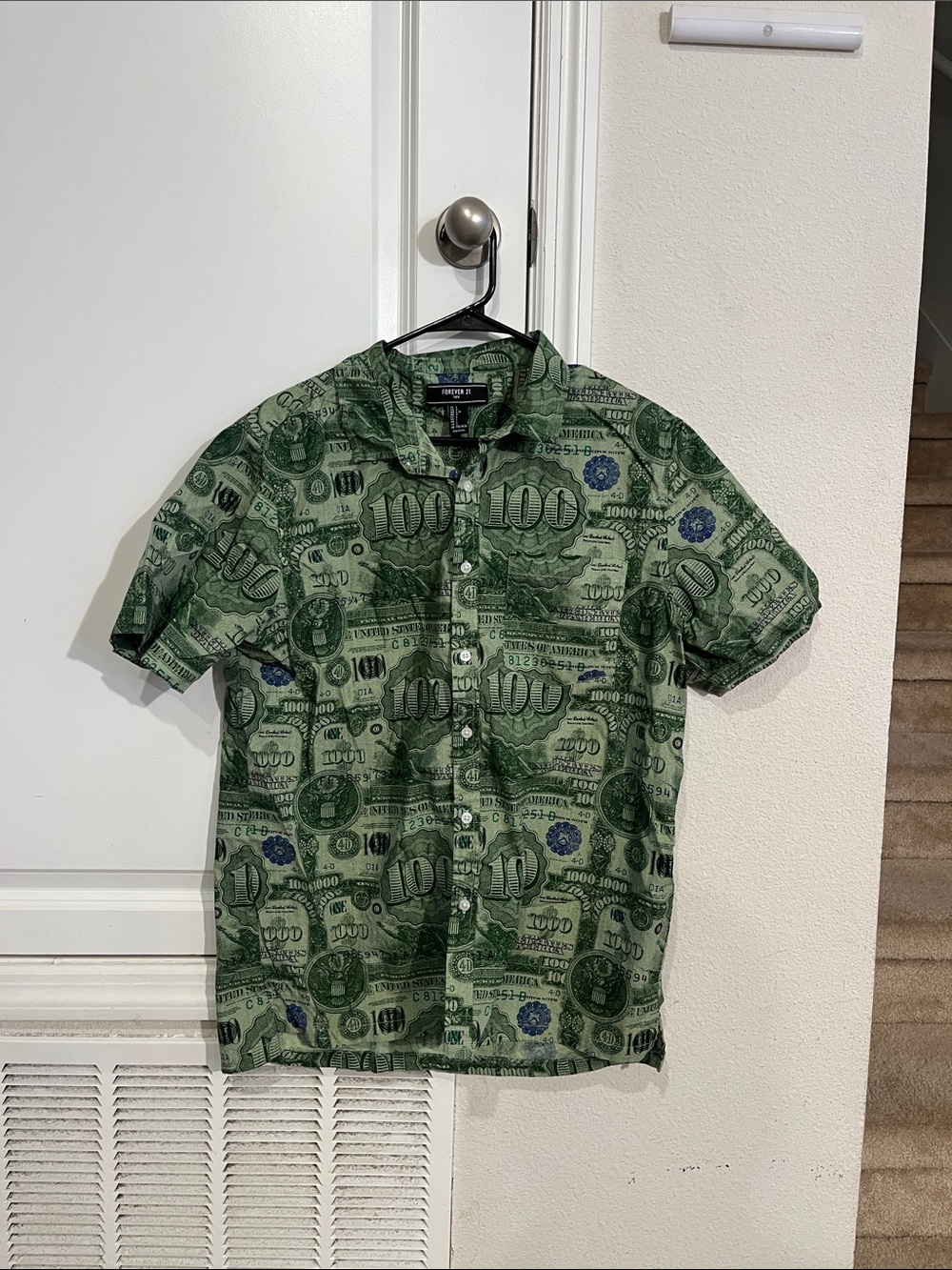 Express Green Money-Print Short Sleeve Button-Up Shirt
